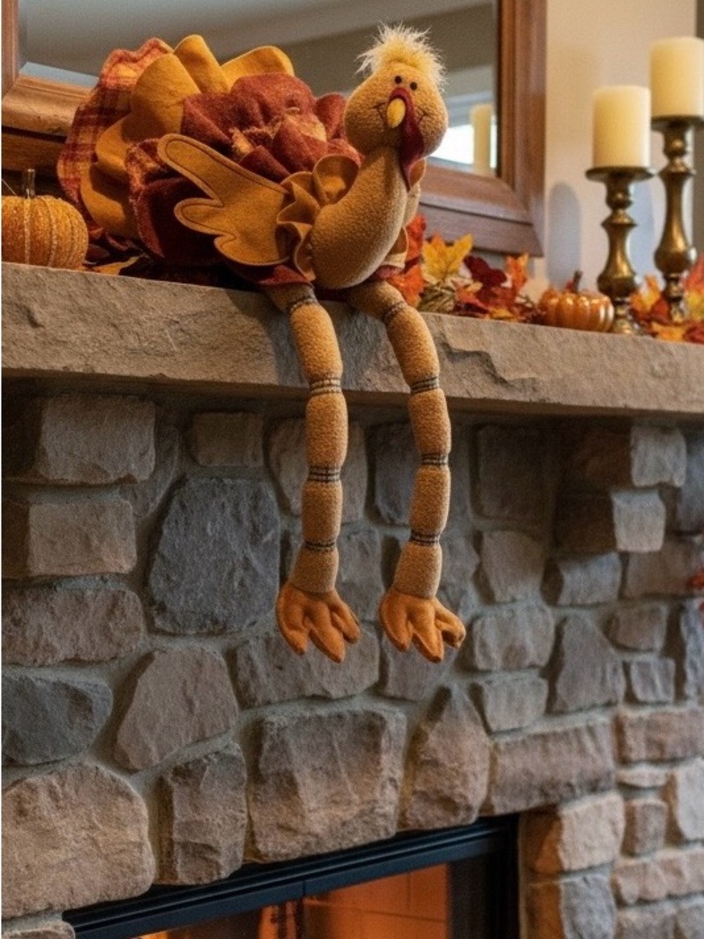 Decorative Thanksgiving turkey shelf sitter featuring long, Dangling Legs